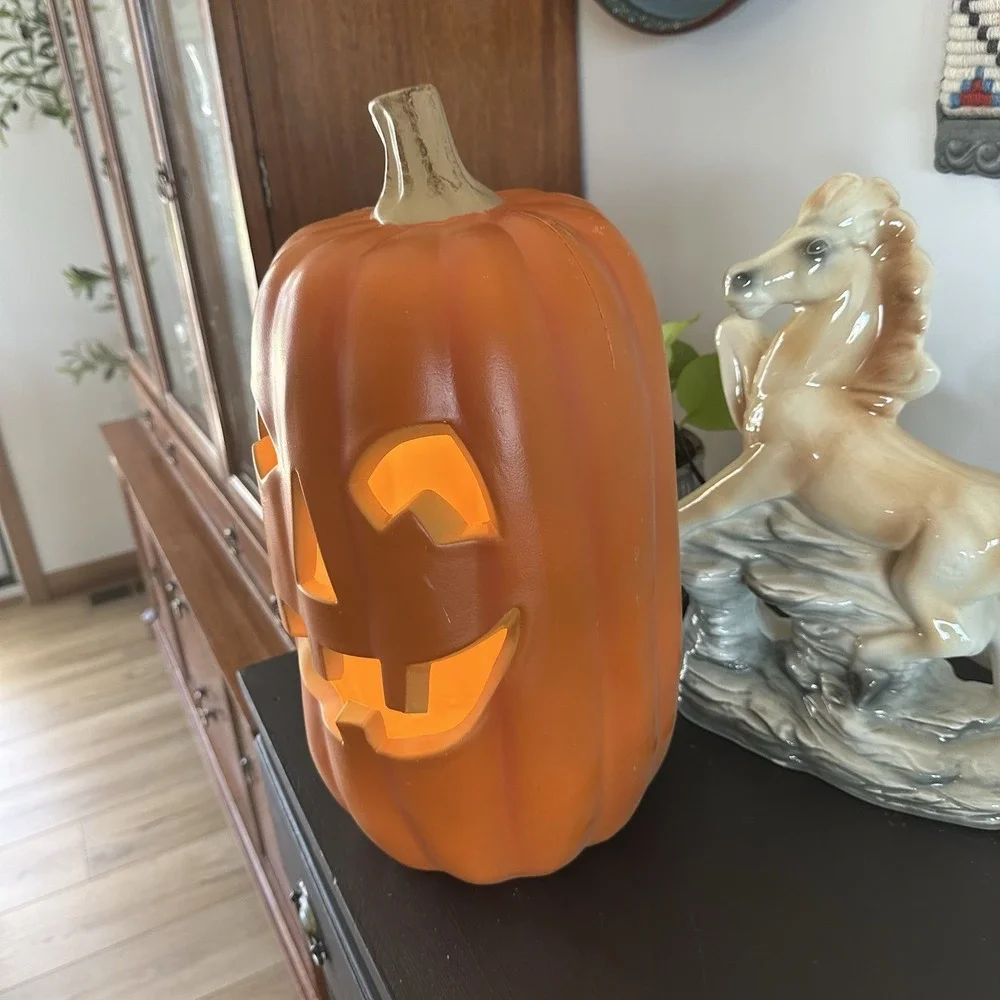 VTG Halloween Tall Jack O Lantern Blow Mold Light Up Decor Plastic Pumpkin 16